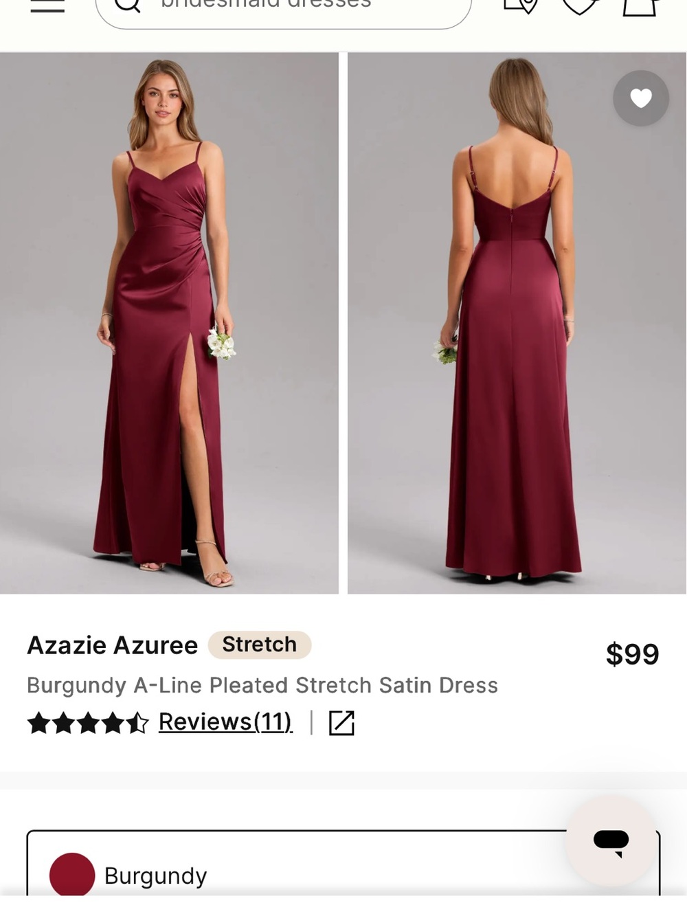 Azazie Burgundy Stretch Satin Maxi Dress with Side Slit